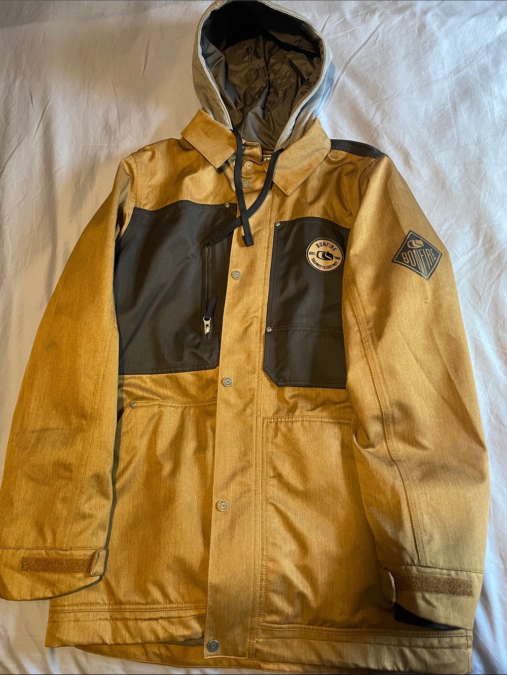 Men's Hooded Ski Jacket in Mustard and Black with Logo Patch